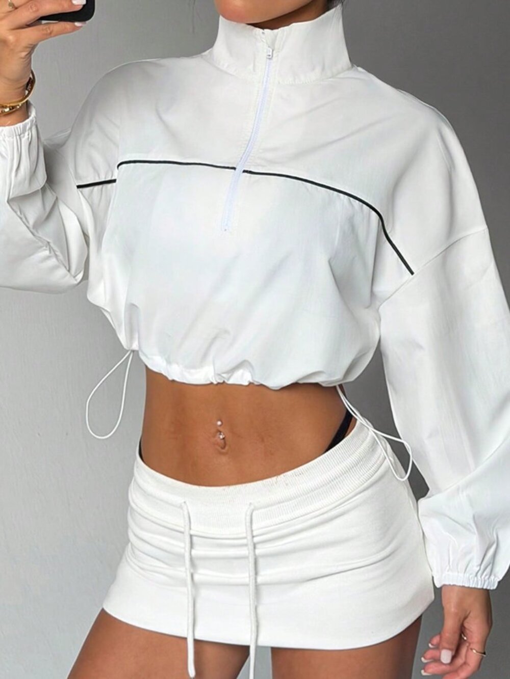 White Sexy Womens Loose Fit Zip-Up Color Block Long Sleeve Drawstring Sweatshirt